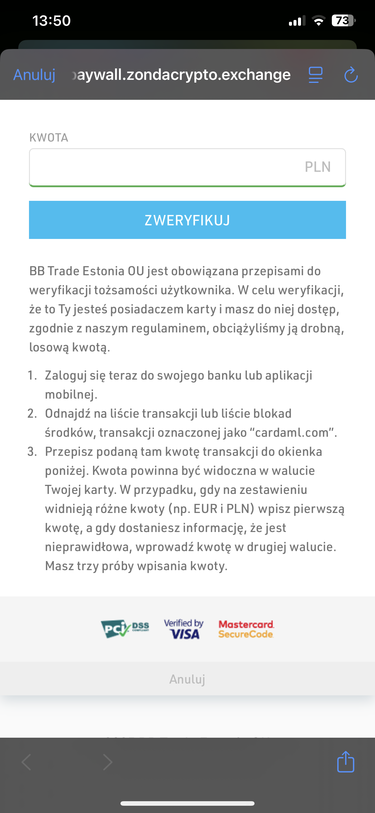 Ekran weryfikacji tożsamości z polem na wpisanie drobnej, losowej kwoty pobranej z konta bankowego w celu potwierdzenia dostępu do karty.