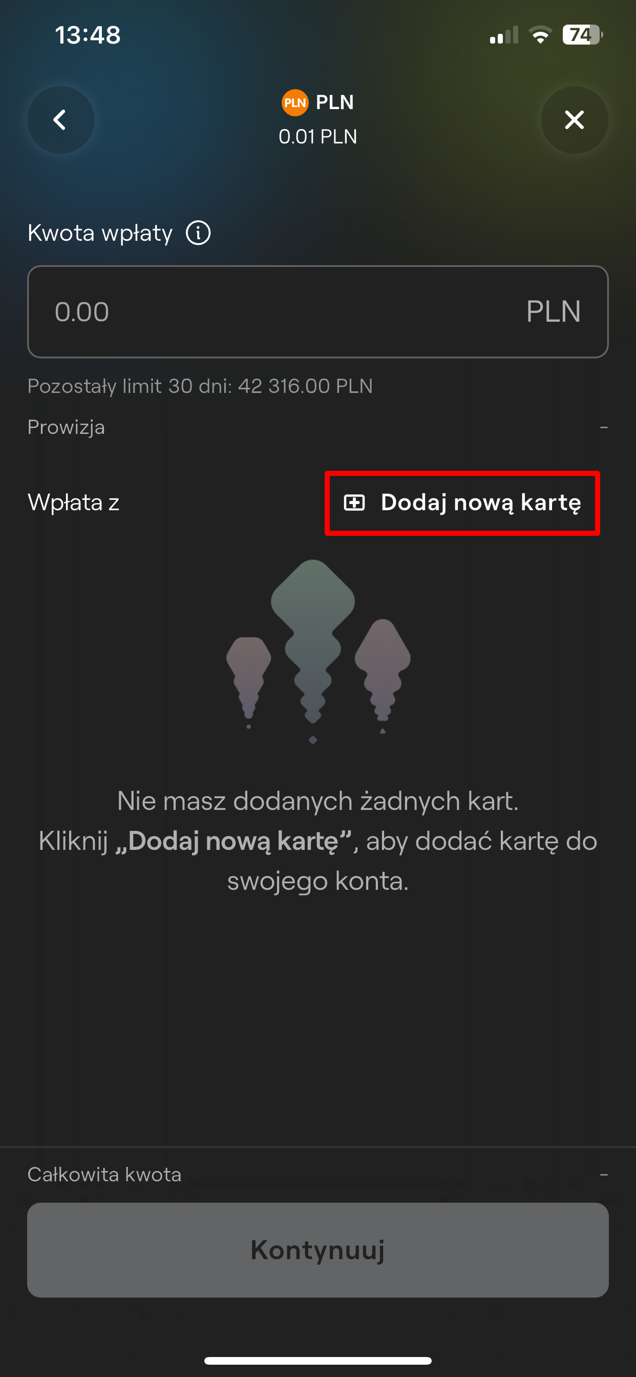 Ekran wpłaty z aktywnym przyciskiem „Dodaj nową kartę” otoczonym czerwoną ramką.