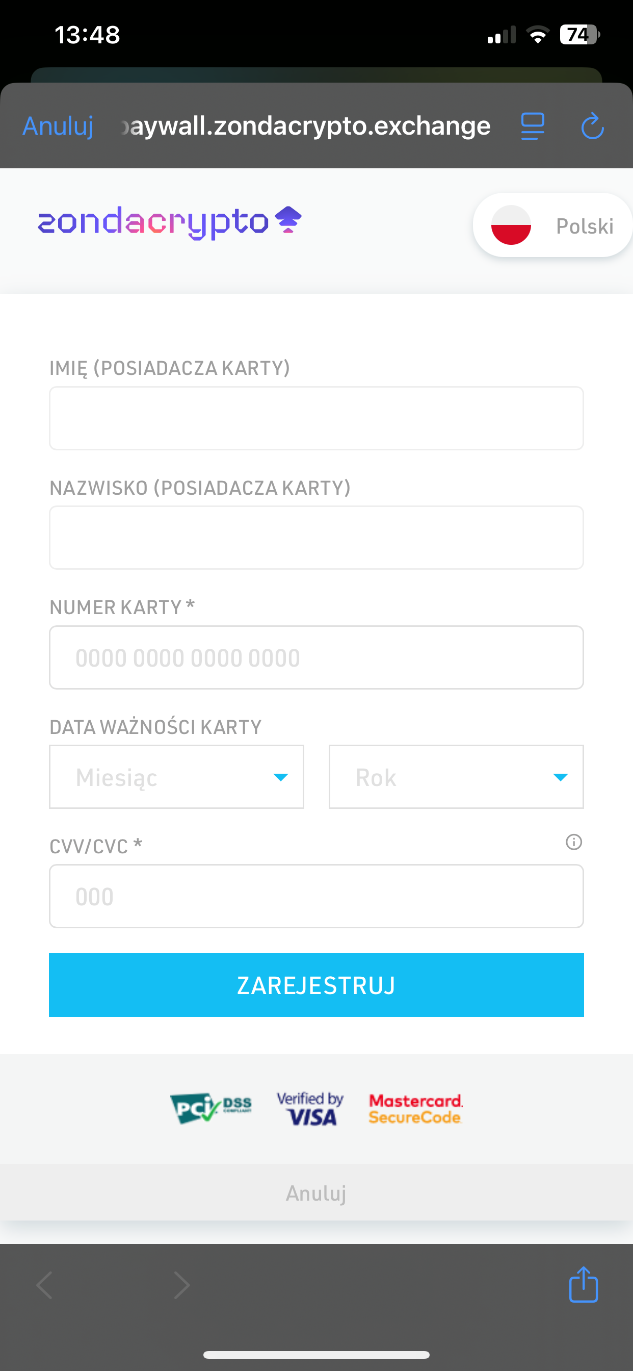 Formularz „Zarejestruj” z pustymi polami na dane posiadacza karty, numer karty, datę ważności oraz kod CVV/CVC.