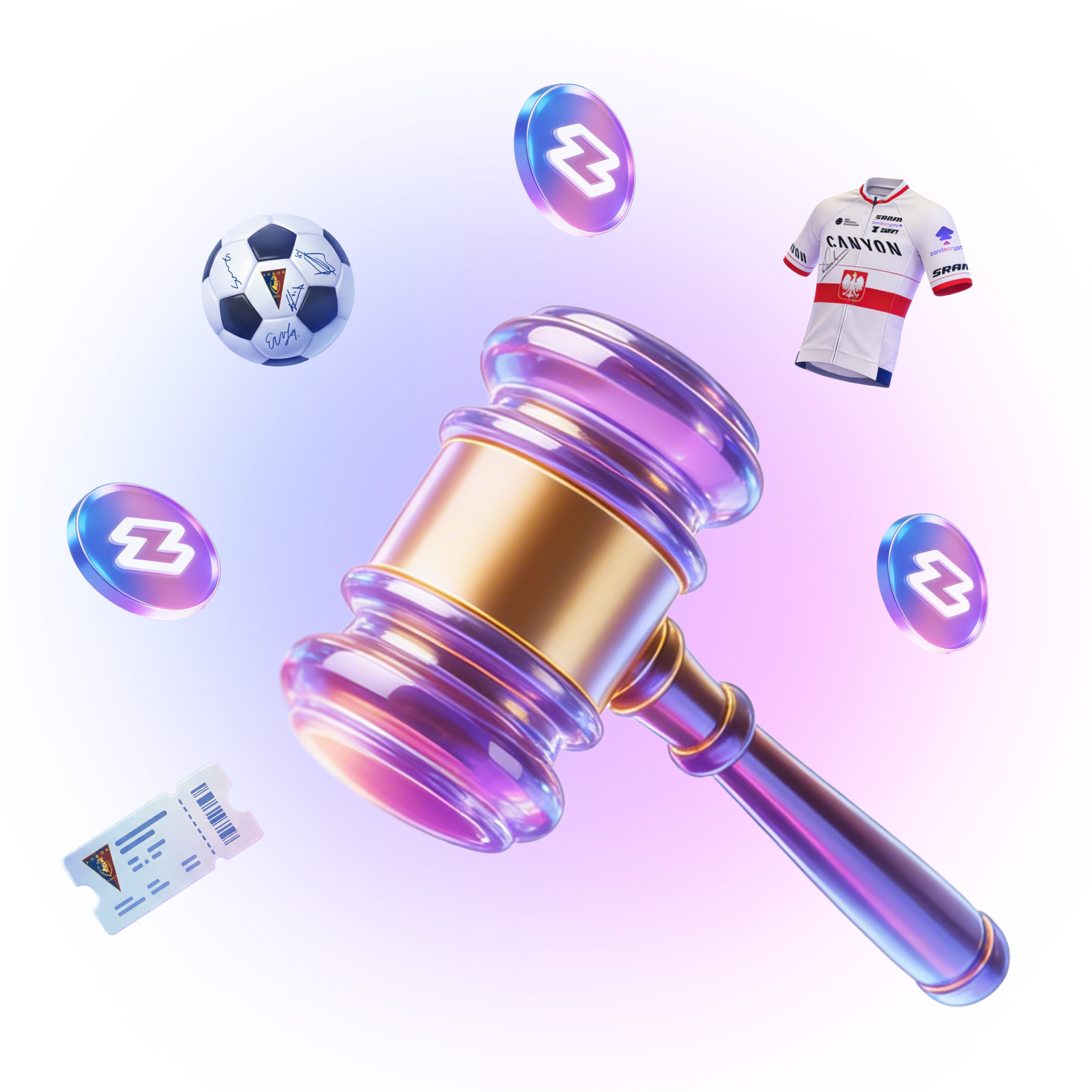 Imagen promocional en la que aparece un mazo dorado en 3D rodeado de un balón de fútbol firmado, un maillot de ciclismo, una entrada y monedas de criptomonedas flotantes con el logotipo de Zondacrypto.