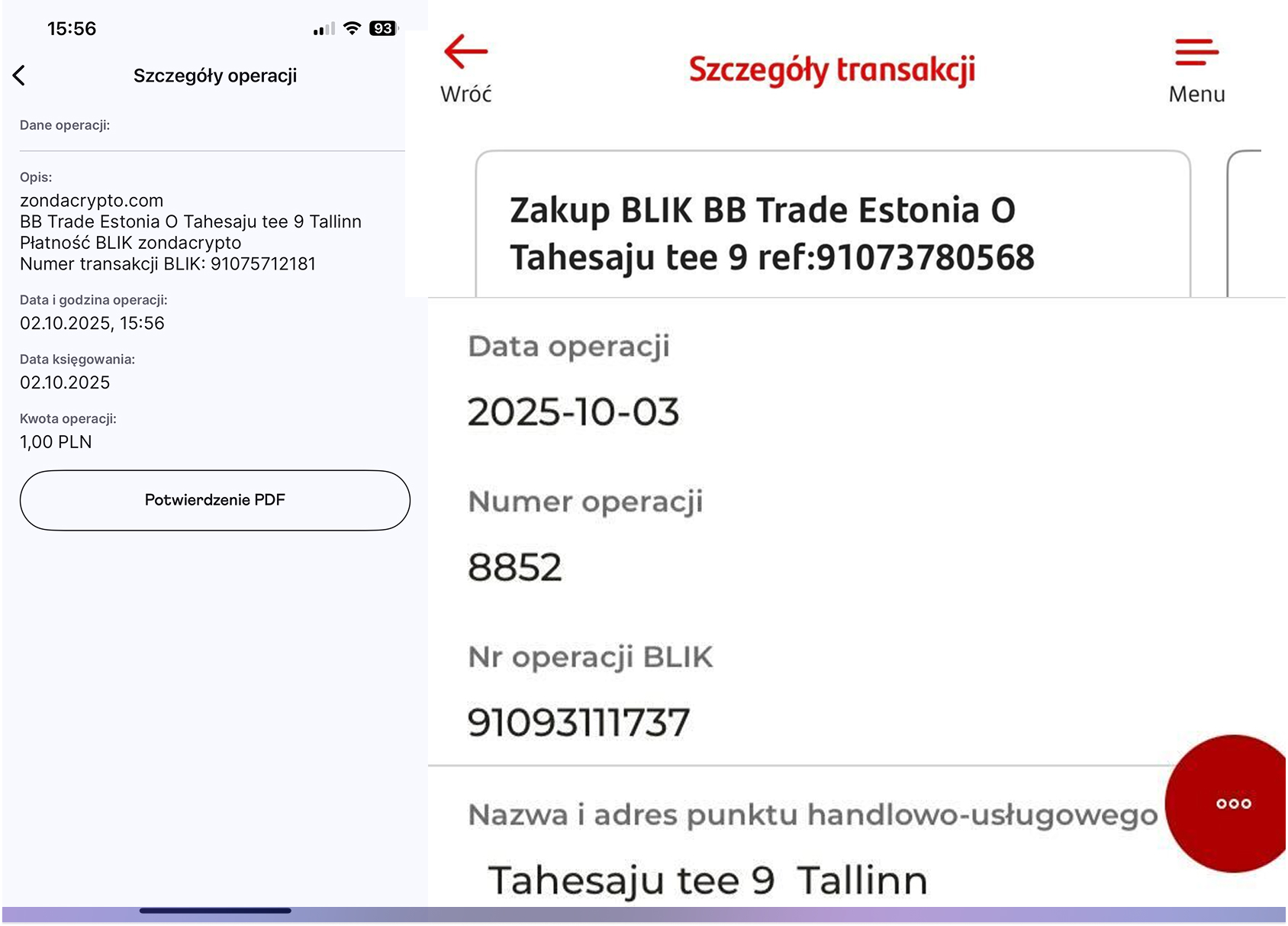 Zrzut ekranu porównujący dwie transakcje bankowe, obie prawdopodobnie związane z giełdą kryptowalut zondacrypto. Po lewej stronie widoczne są szczegóły operacji, w tym opis "zondacrypto.com", data 02.10.2025 i kwota 1,00 PLN. Na dole tego panelu znajduje się przycisk "Potwierdzenie PDF". Po prawej stronie, w innym układzie graficznym, widoczne są szczegóły transakcji zatytułowane "Szczegóły transakcji". Pokazano tam m.in. "Zakup BLIK BB Trade Estonia O Tahesaju tee 9" z numerem referencyjnym, datę operacji 2025-10-03, numer operacji, numer operacji BLIK oraz nazwę i adres punktu handlowo-usługowego.