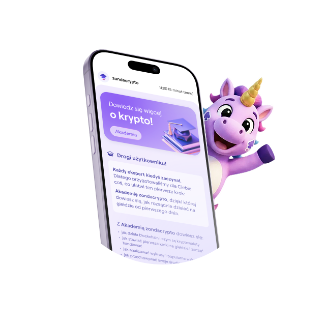 Interfejs aplikacji mobilnej zondacrypto z fioletową maskotką jednorożca i treściami edukacyjnymi o kryptowalutach.