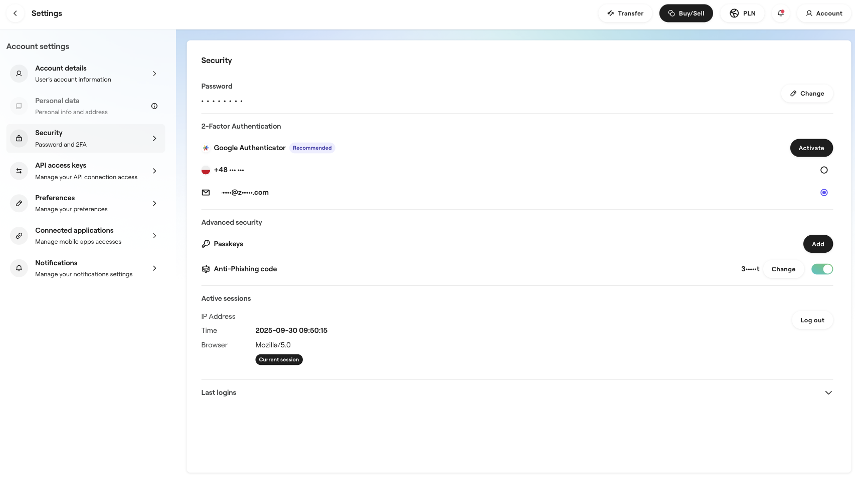 A screenshot of the Security settings page on the zondacrypto platform. It shows that 2-Factor Authentication and the Anti-Phishing code are active. The page also lists Passkeys, Active sessions, and Last logins.