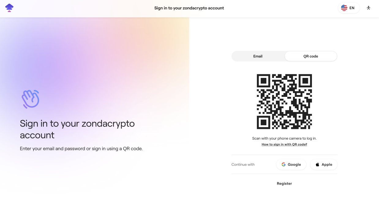 Веб-сторінка входу в zondacrypto з QR-кодом та кнопками входу через Google та Apple.