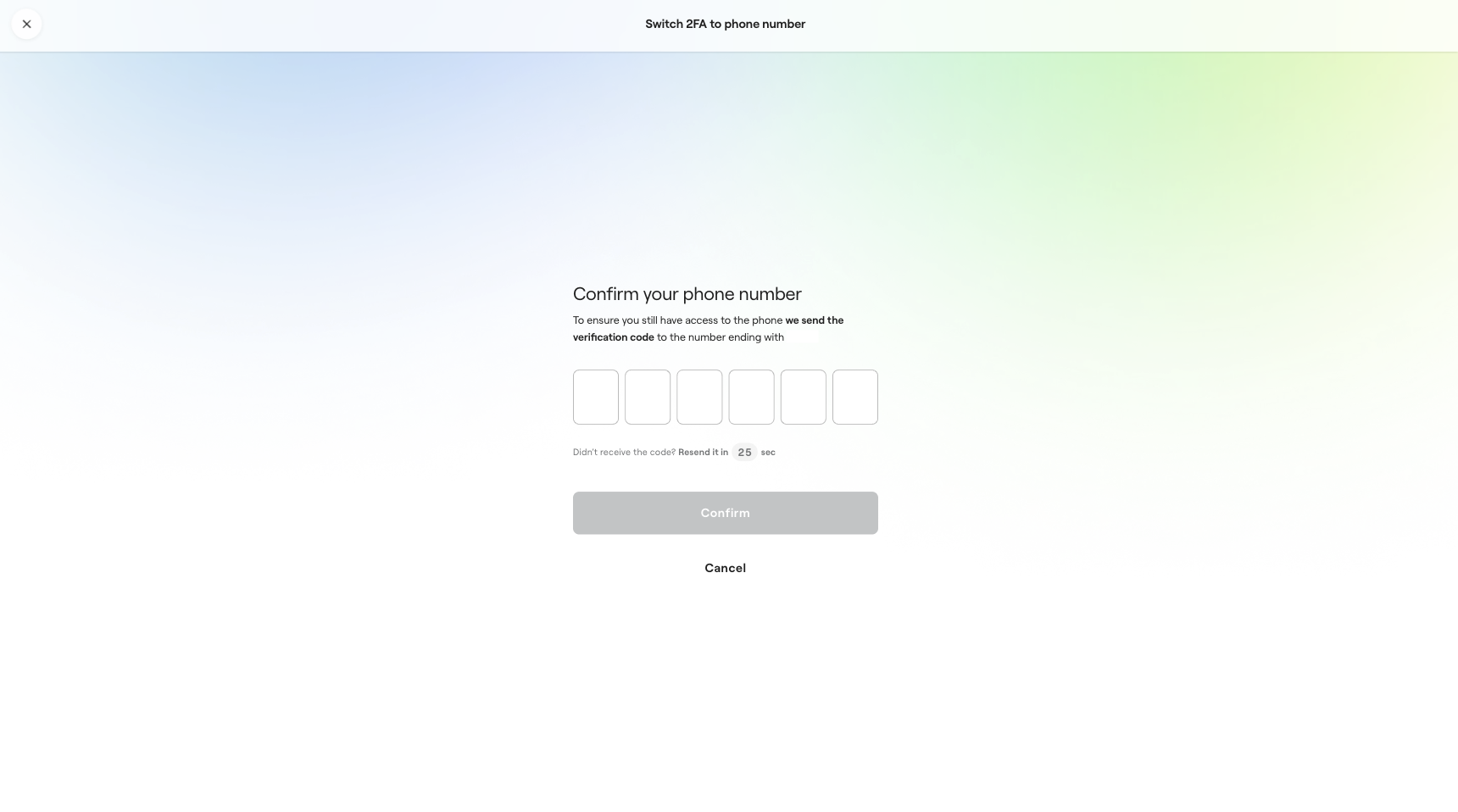 A screenshot from the zondacrypto service, showing the "Confirm your phone number" window. The window contains text informing the user that a verification code has been sent via SMS to the phone number associated with the account. Below that are five empty fields for entering the code and a message about the time remaining to resend the code. At the bottom of the screen are "Confirm" and "Cancel" buttons.