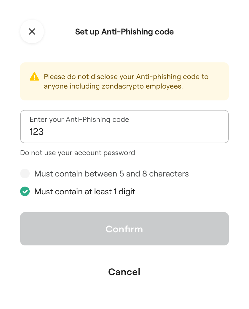 A screenshot from the zondacrypto app for setting up an Anti-Phishing code. It includes a warning not to disclose the code, a field to enter a new one, and requirements for the code. There are also "Confirm" and "Cancel" buttons.