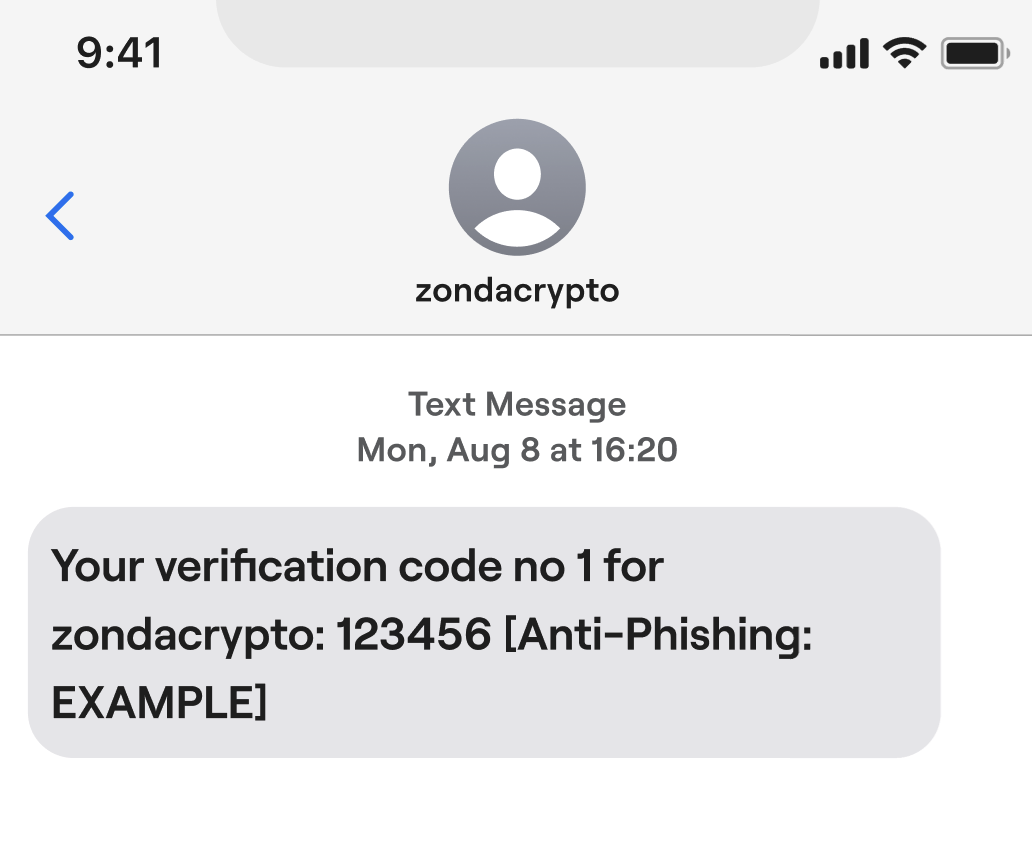 A screenshot of a text message from zondacrypto containing a verification code and an Anti-Phishing code.