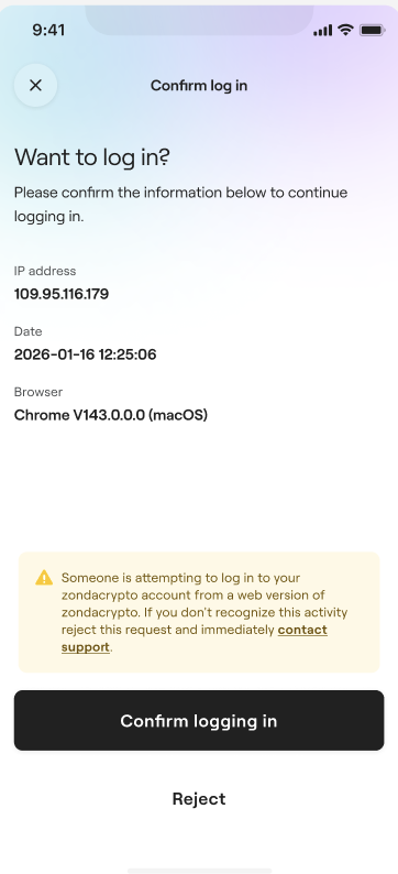 Мобільний екран підтвердження входу з деталями IP-адреси та браузера, а також кнопками для підтвердження або відхилення.