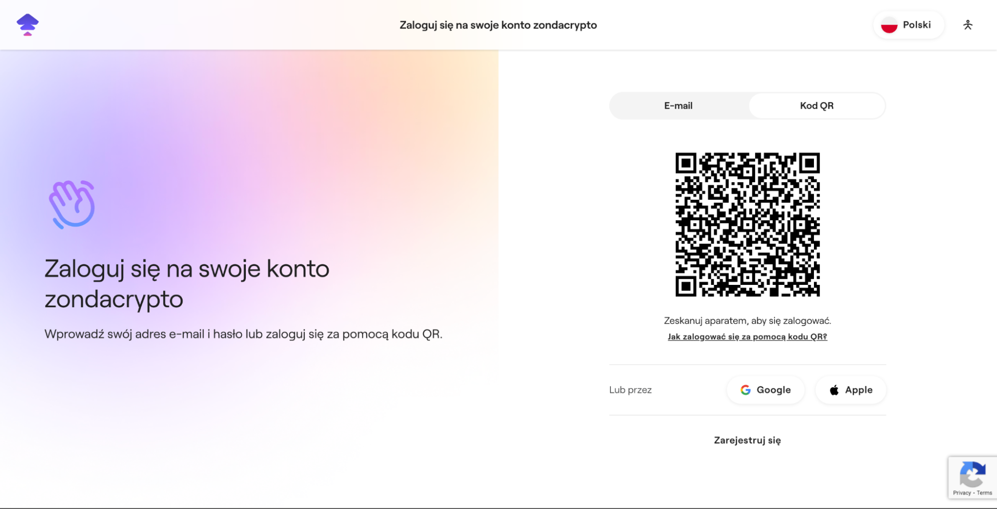 Strona logowania zondacrypto w przeglądarce z widocznym kodem QR oraz opcjami logowania przez Google i Apple.