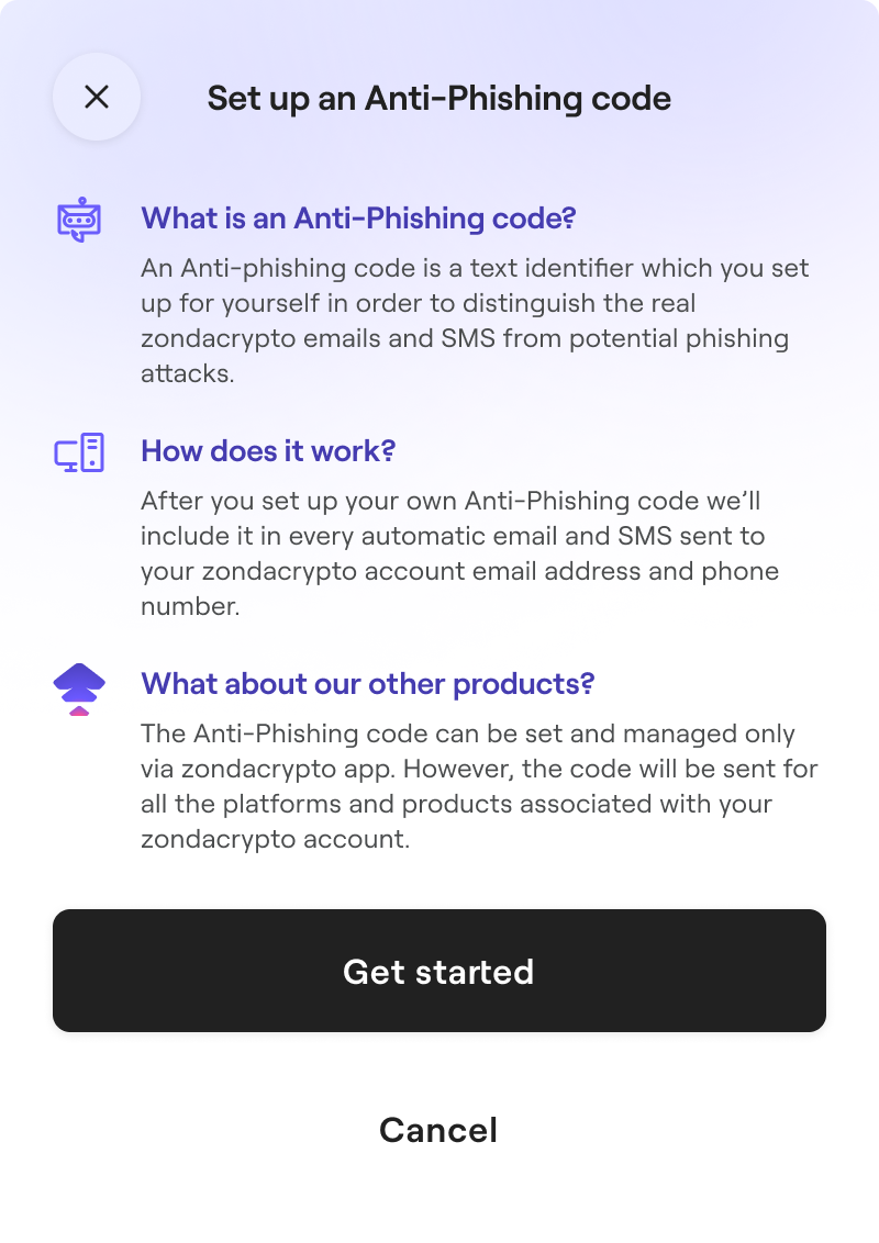A screenshot from the zondacrypto app explaining how to set up an Anti-Phishing code. The page describes what the code is and how it works, with a "Get started" button at the bottom.