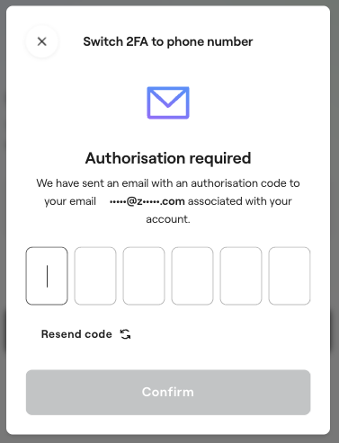 A screenshot from the zondacrypto app showing an "Authorisation required" window. At the top, under the header, there is an envelope icon, and below it, text stating that an email with an authorization code has been sent to the account's associated email address. Below that are six empty fields for entering the code. At the very bottom is the "Confirm" button.
