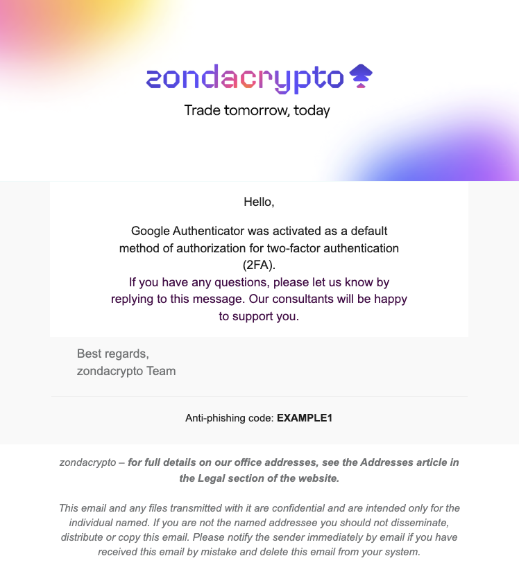 A screenshot of an email from zondacrypto confirming that Google Authenticator has been activated as the default two-factor authentication method. The email includes a unique Anti-phishing code, which is "EXAMPLE1".