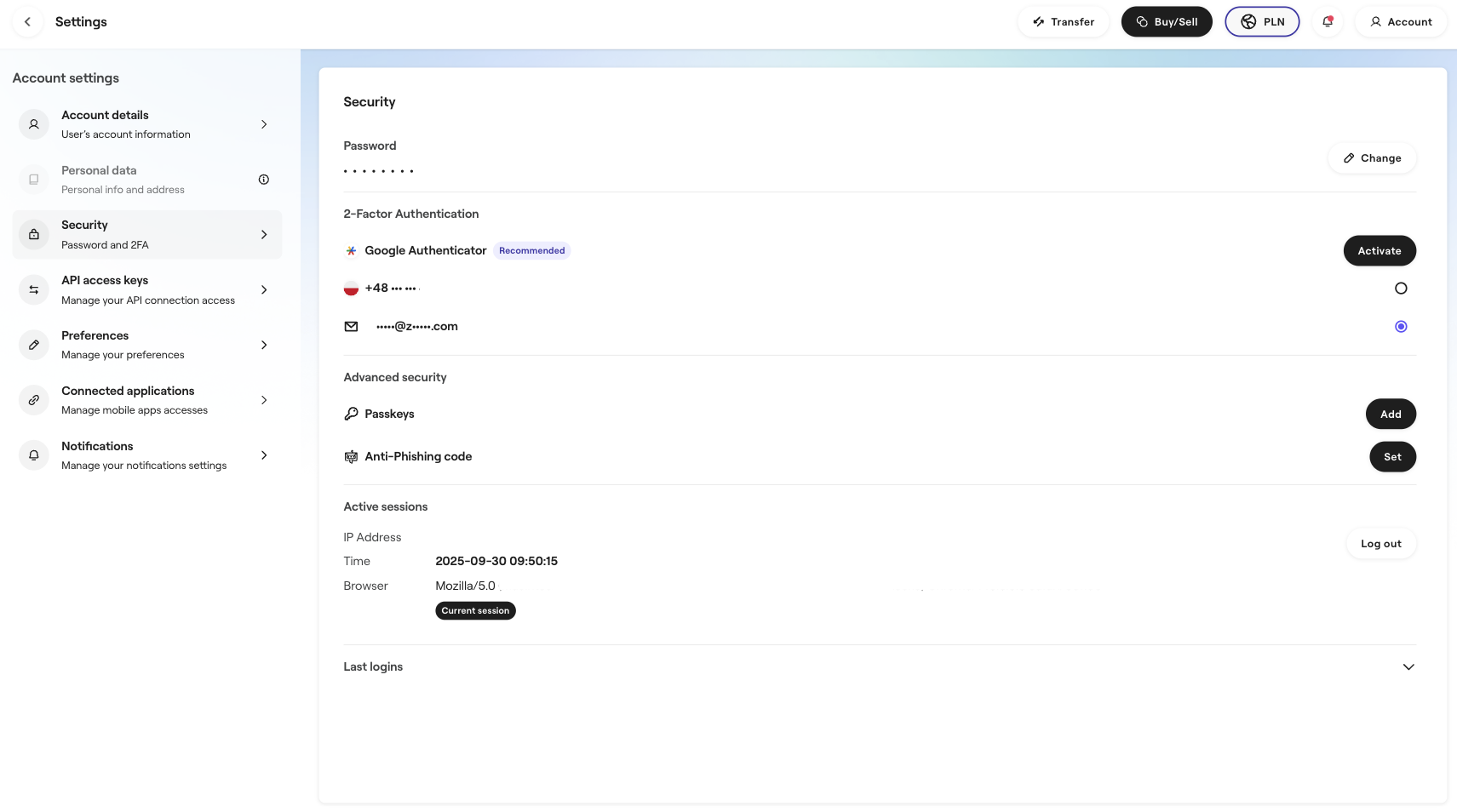 A screenshot of the zondacrypto account settings panel. In the left navigation menu, the "Security" option is selected. On the right, the "Security" section shows options for managing the password, and enabling two-factor authentication (2FA) via Google Authenticator (recommended), a phone number, or an email address. Below that is an "Advanced security" section with options for Passkeys and "Anti-Phishing code." At the very bottom are "Active sessions" and "Last logins" sections.