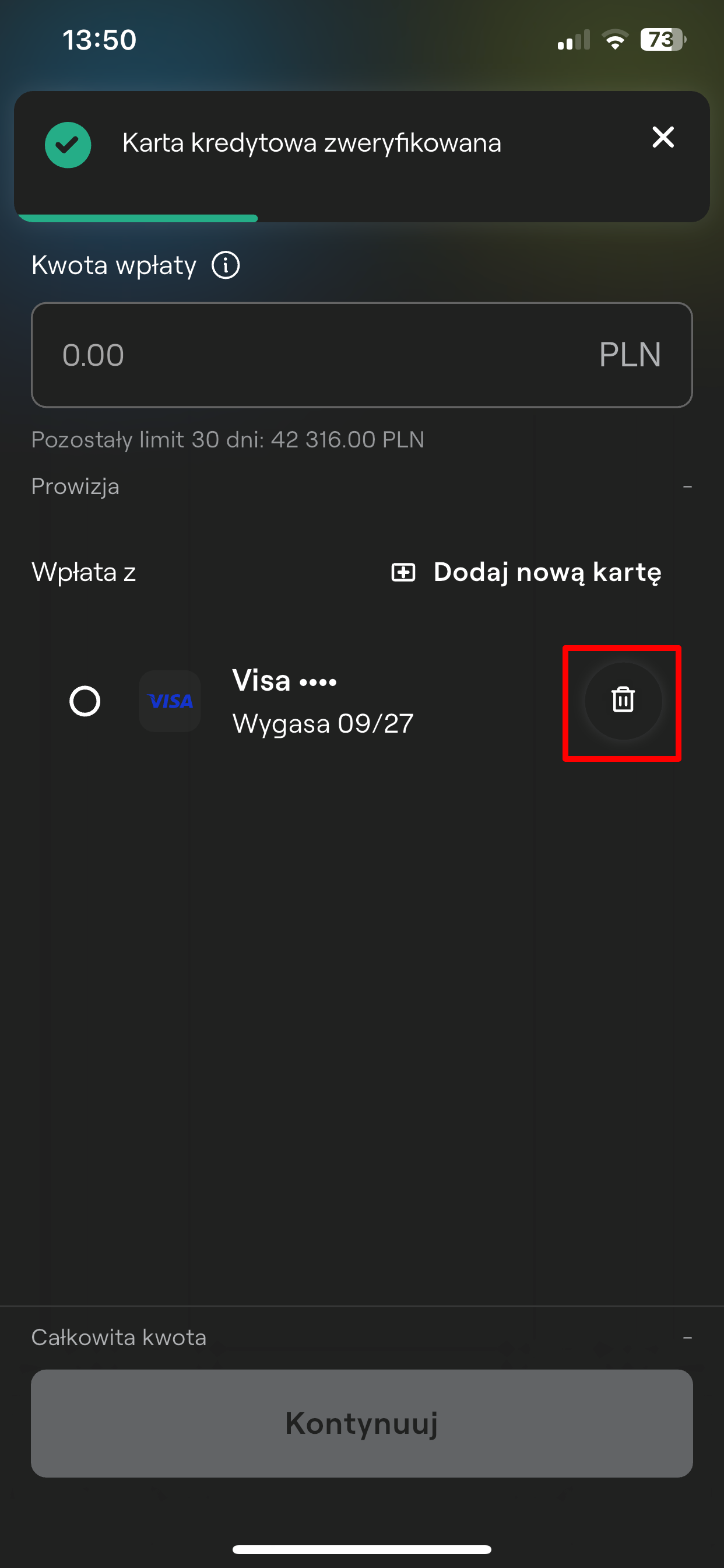 Widok zweryfikowanej karty z zaznaczoną ikoną kosza służącą do jej usunięcia.