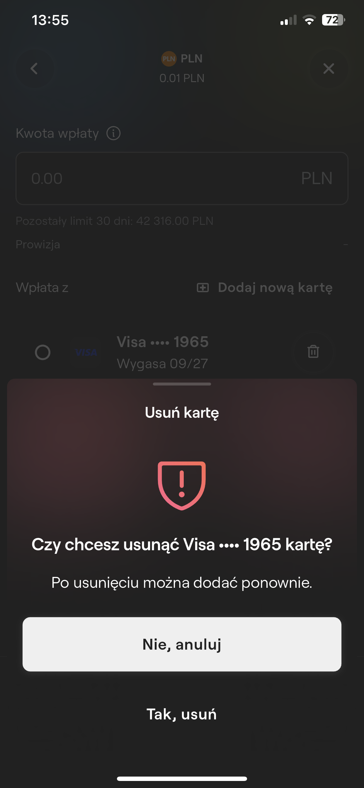 Komunikat systemowy z pytaniem „Czy chcesz usunąć kartę?” i przyciskiem „Tak, usuń”.