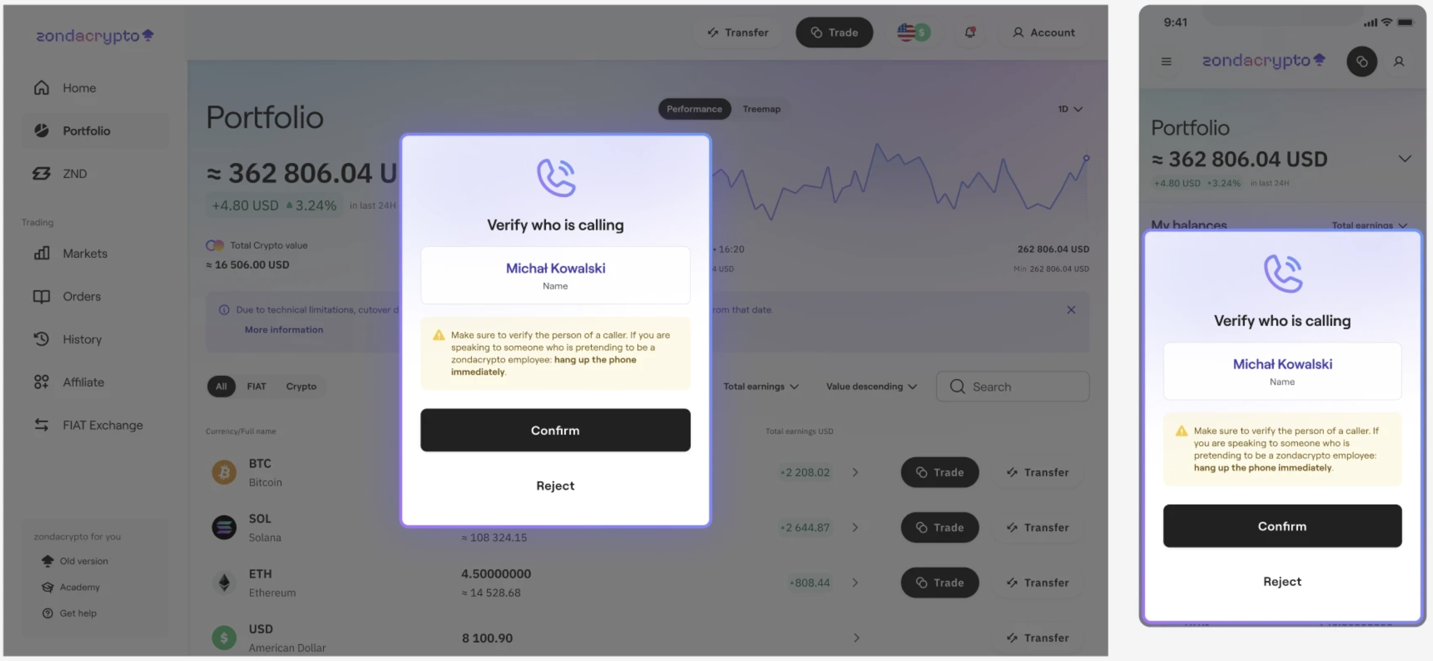 Screenshot of the zondacrypto platform showing the "Verify who is calling" feature on desktop and mobile, used to confirm the identity of an employee.