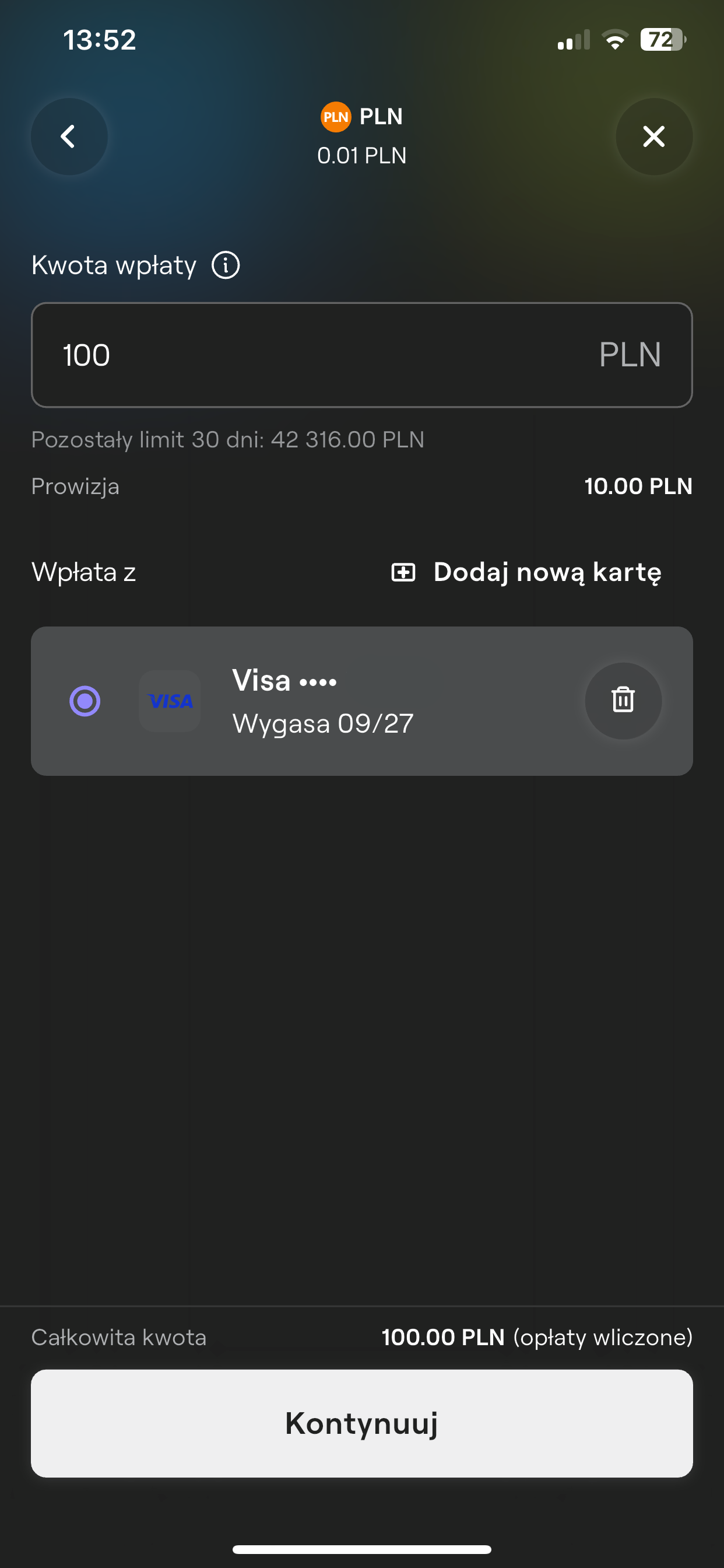 Ekran wpłaty z wpisaną kwotą 100 PLN oraz wybraną kartą płatniczą Visa.
