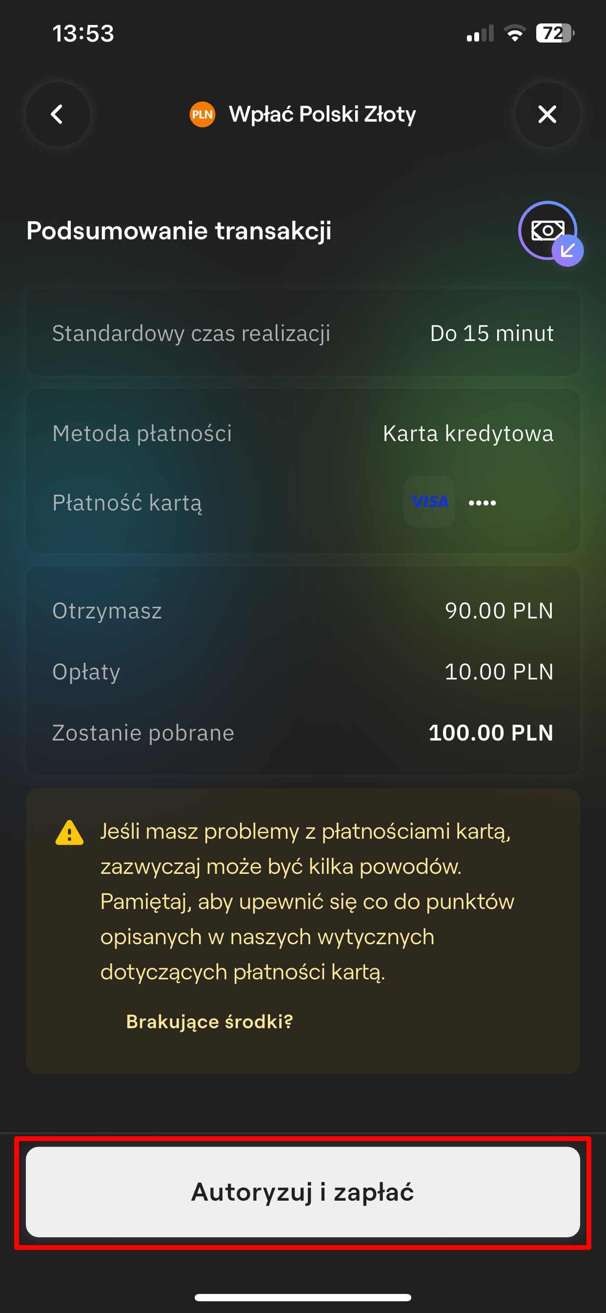 Ekran podsumowania transakcji na 100 PLN z zaznaczonym przyciskiem „Autoryzuj i zapłać”.