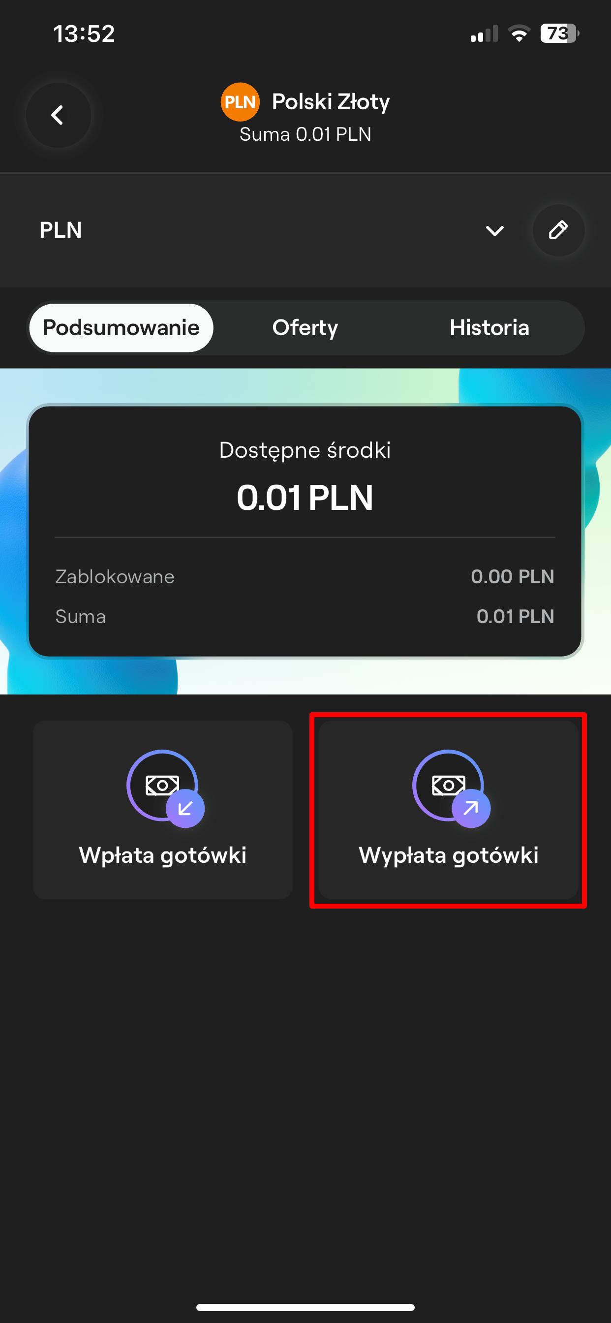 Widok portfela PLN z zaznaczonym czerwoną ramką przyciskiem „Wypłata gotówki”.