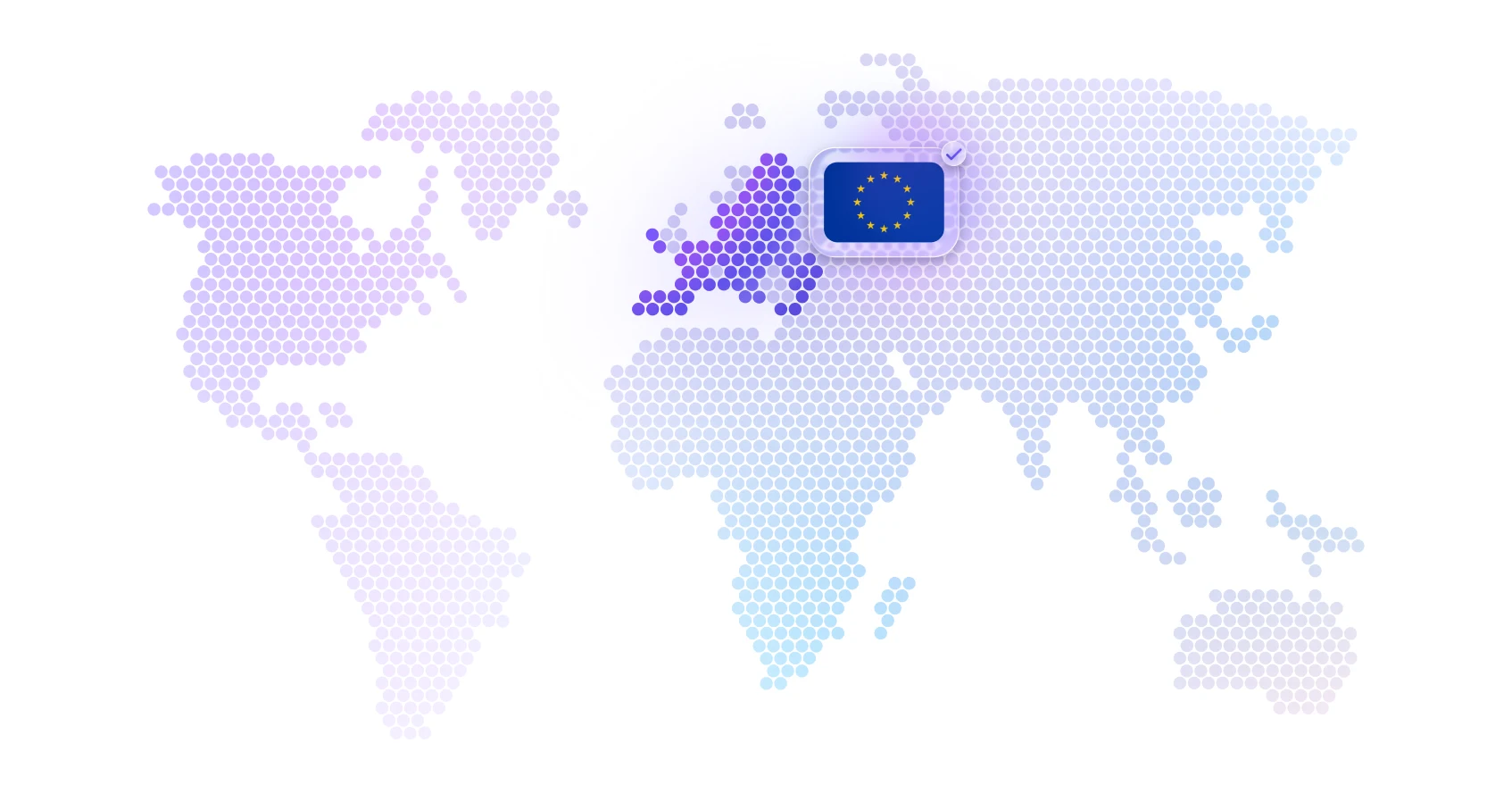 Cyfrowa mapa świata, na której kontynent europejski jest wyraźnie podświetlony na fioletowo, z nałożoną flagą Unii Europejskiej z symbolem zaznaczenia.