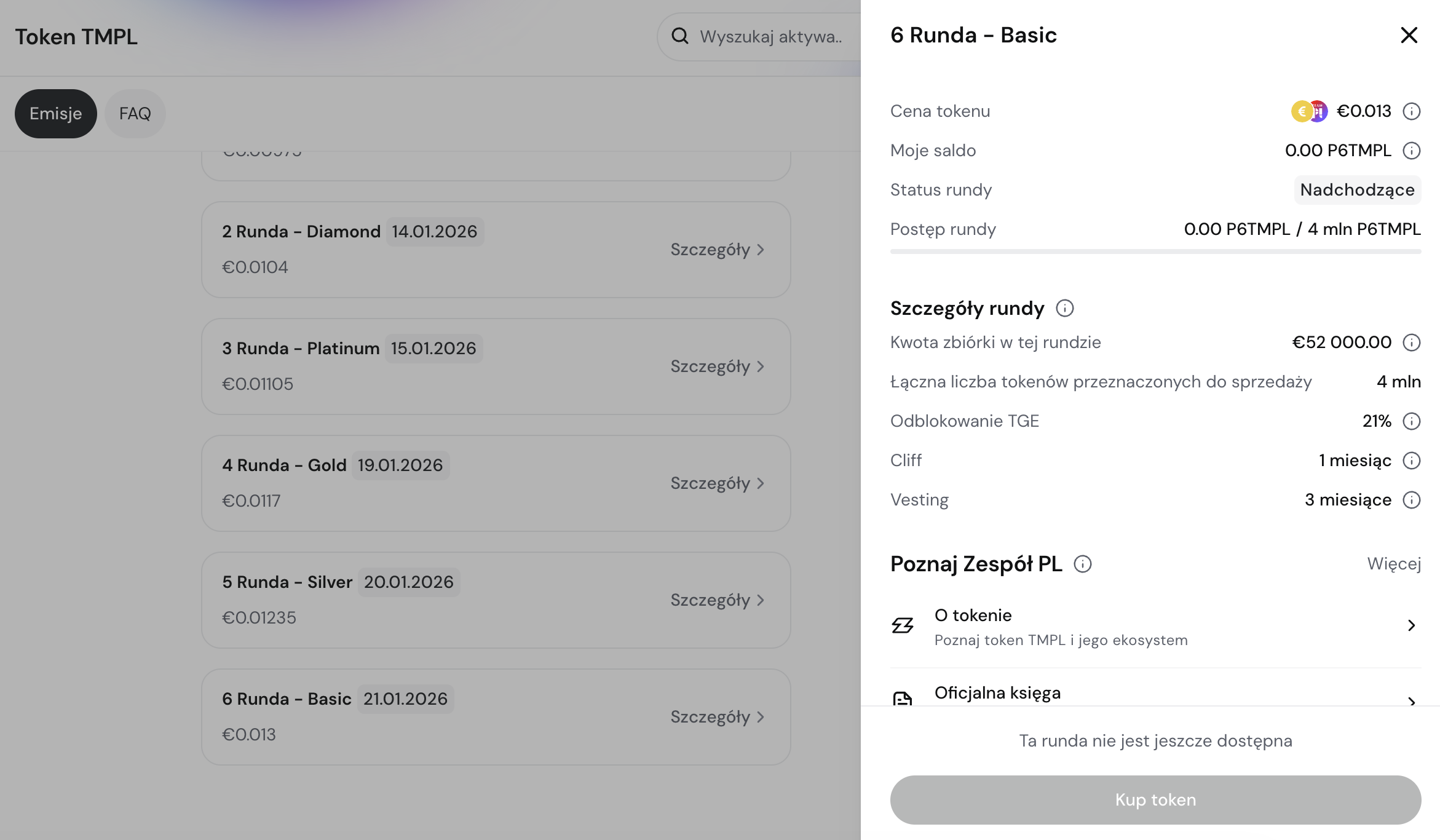 Zrzut ekranu panelu tokena TMPL pokazujący szczegóły „6 Runda – Basic” z ceną €0.013.