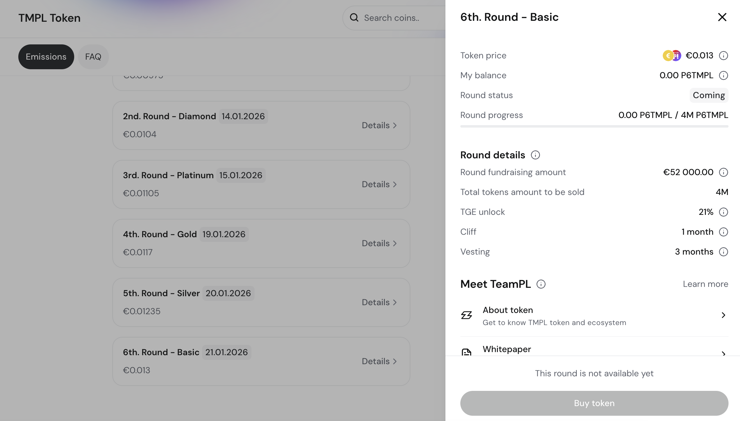 TMPL token dashboard screenshot showing "6th Round – Basic" details with a €0.013 price.