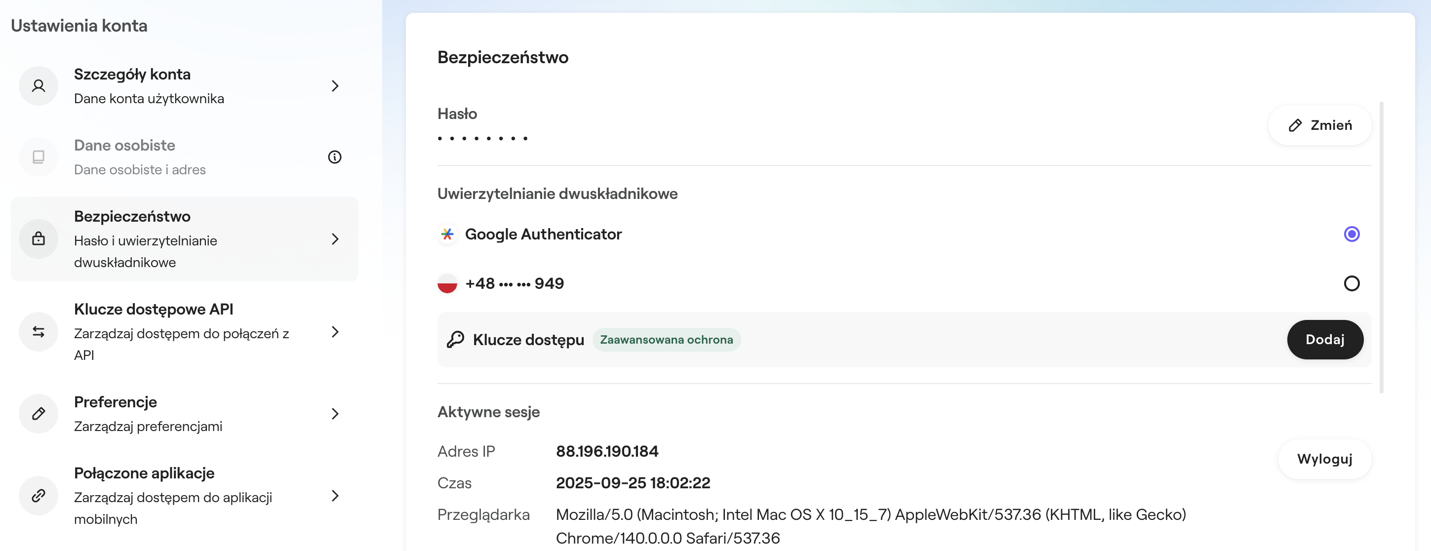 Interfejs ustawień konta zondacrypto.