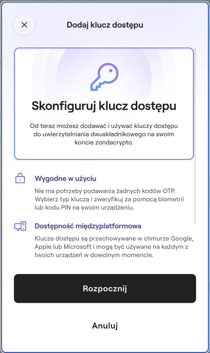 Interfejs dodawania i konfigurowania klucza dostępu.