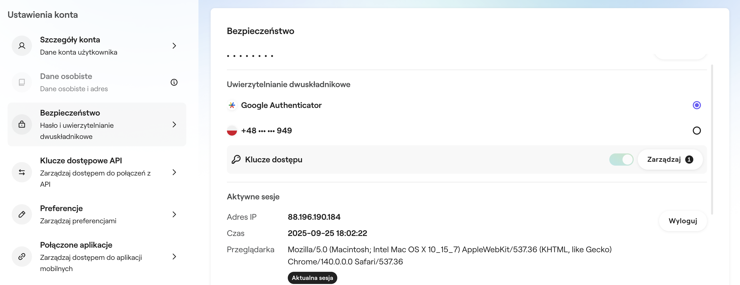 Interfejs ustawień konta zondacrypto.