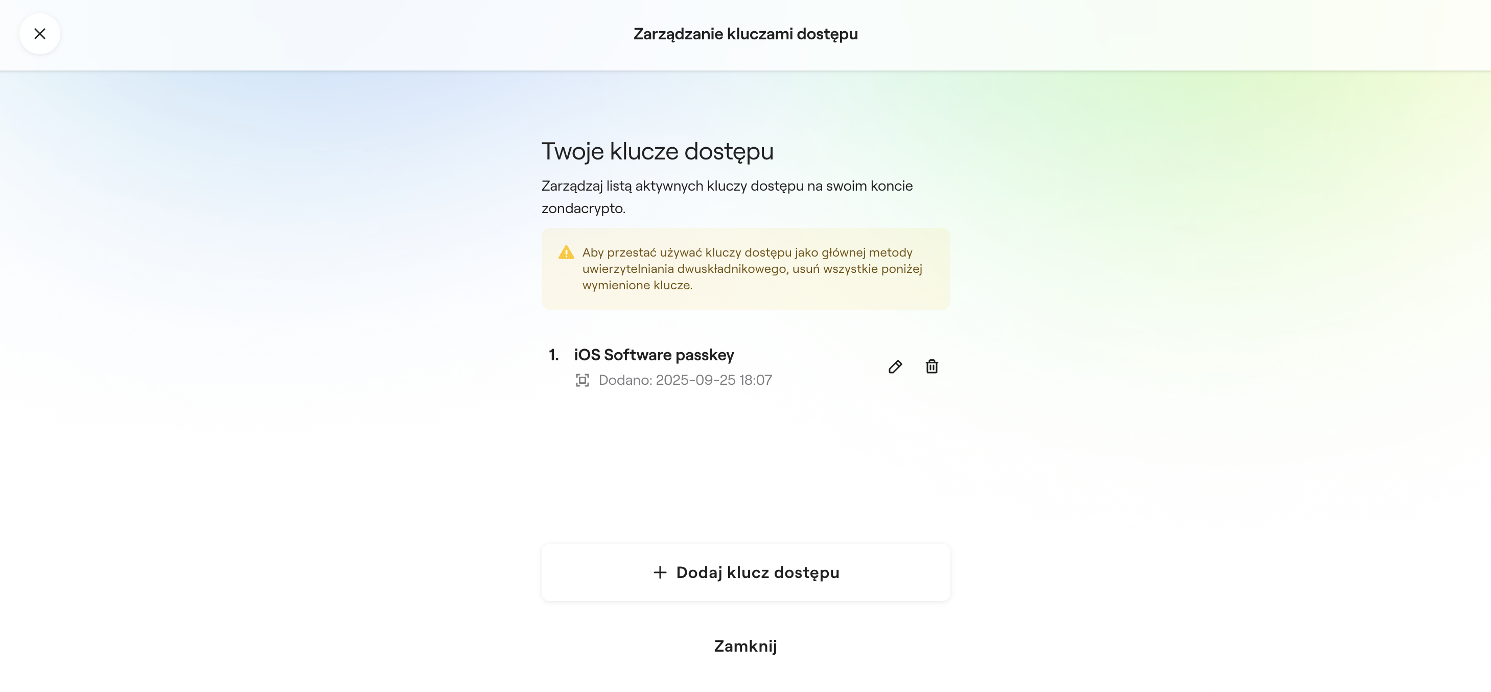 Interfejs ustawień kluczy dostępu na zondacrypto.