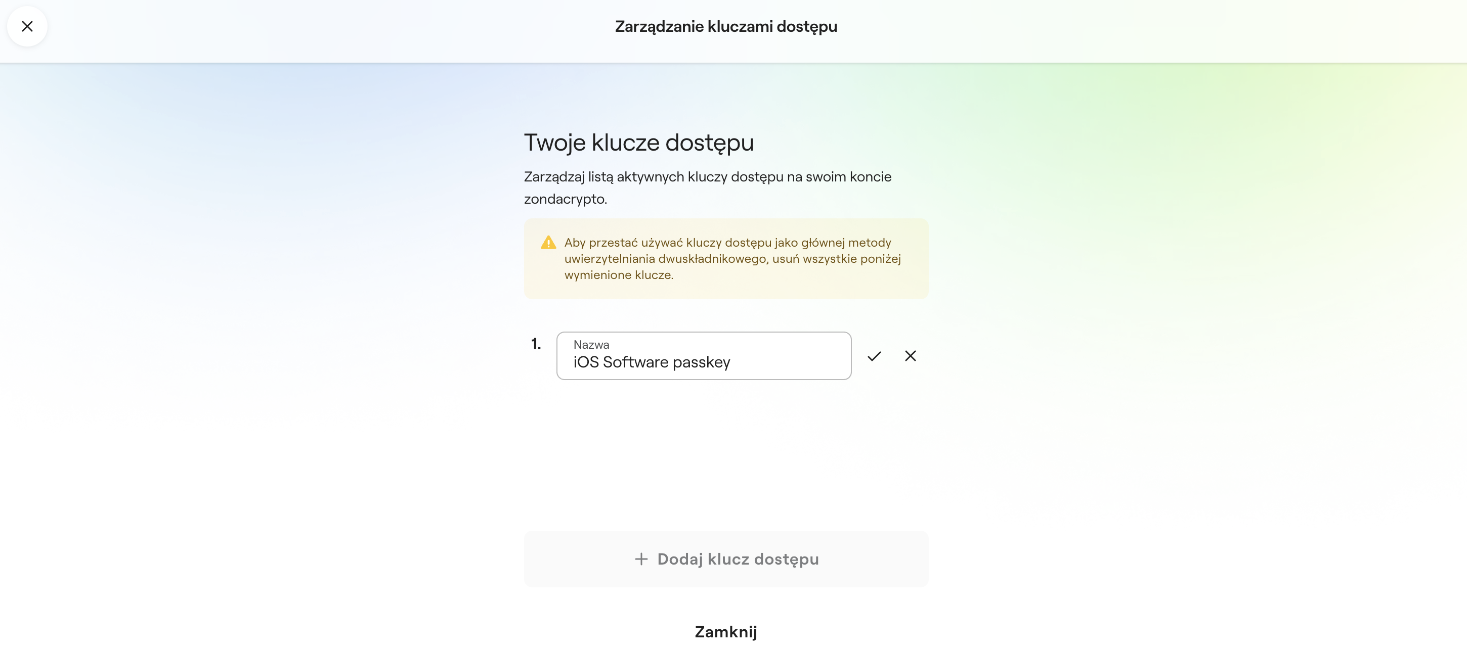 Interfejs ustawień kluczy dostępu na zondacrypto.