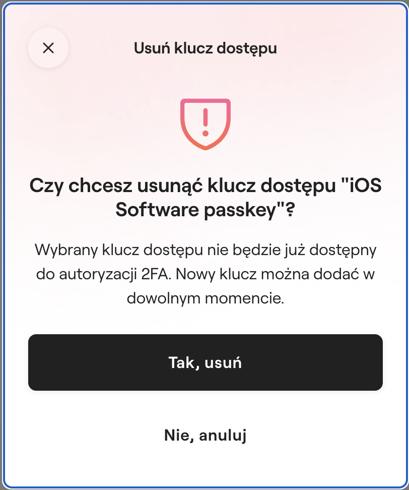 Widok usunięcia klucza dostępu passkey.
