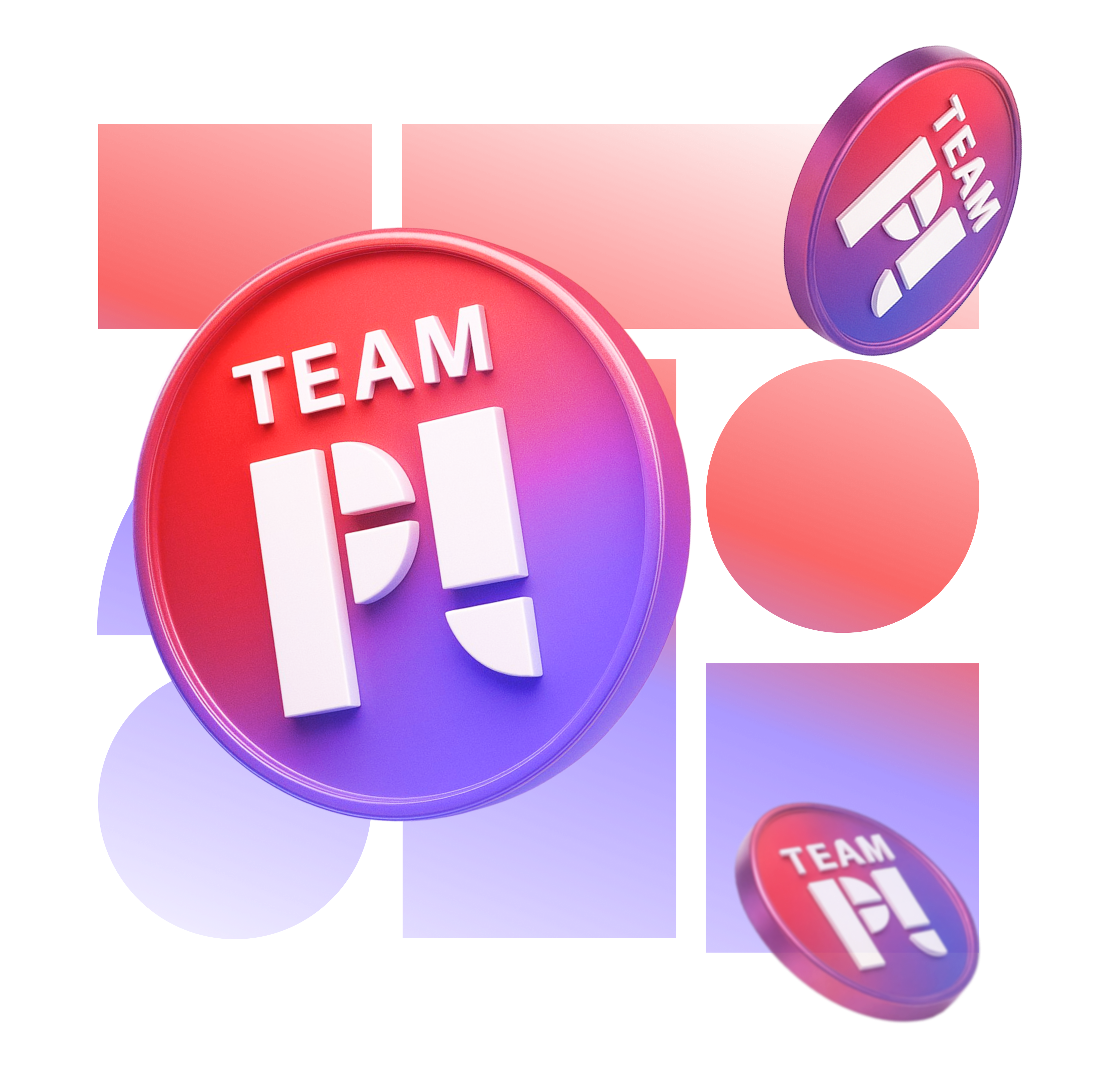 3D rendered purple and red coins with TEAMPL token logo and zondacrypto branding colors.