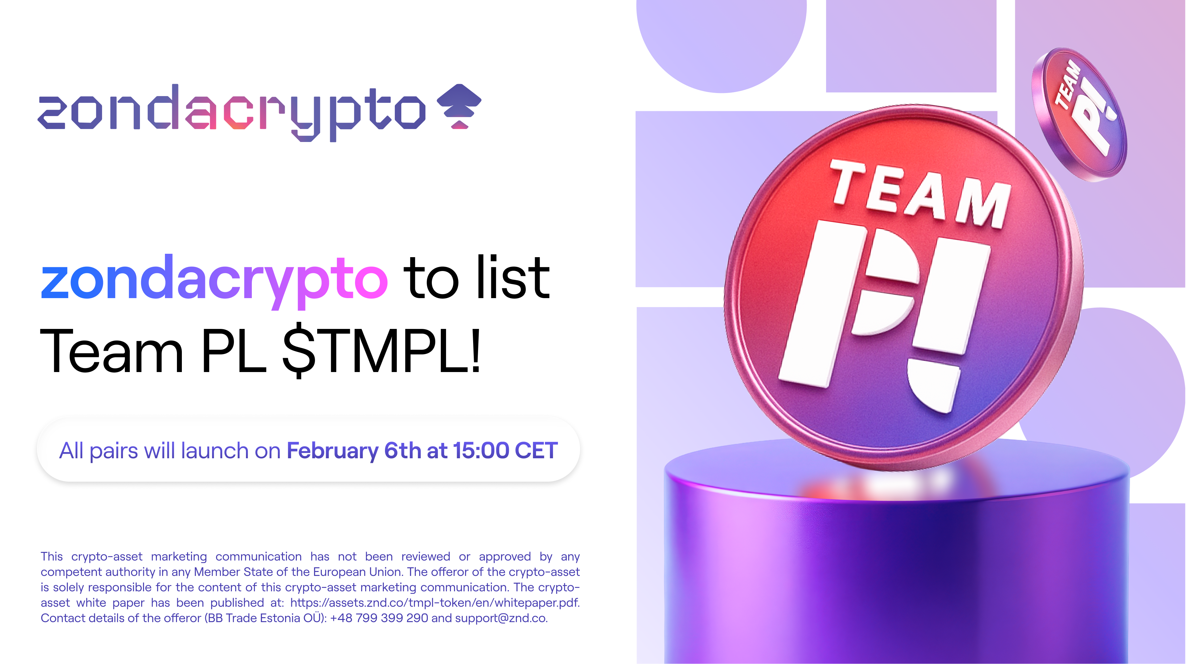 TMPL is almost here! Listing on zondacrypto!