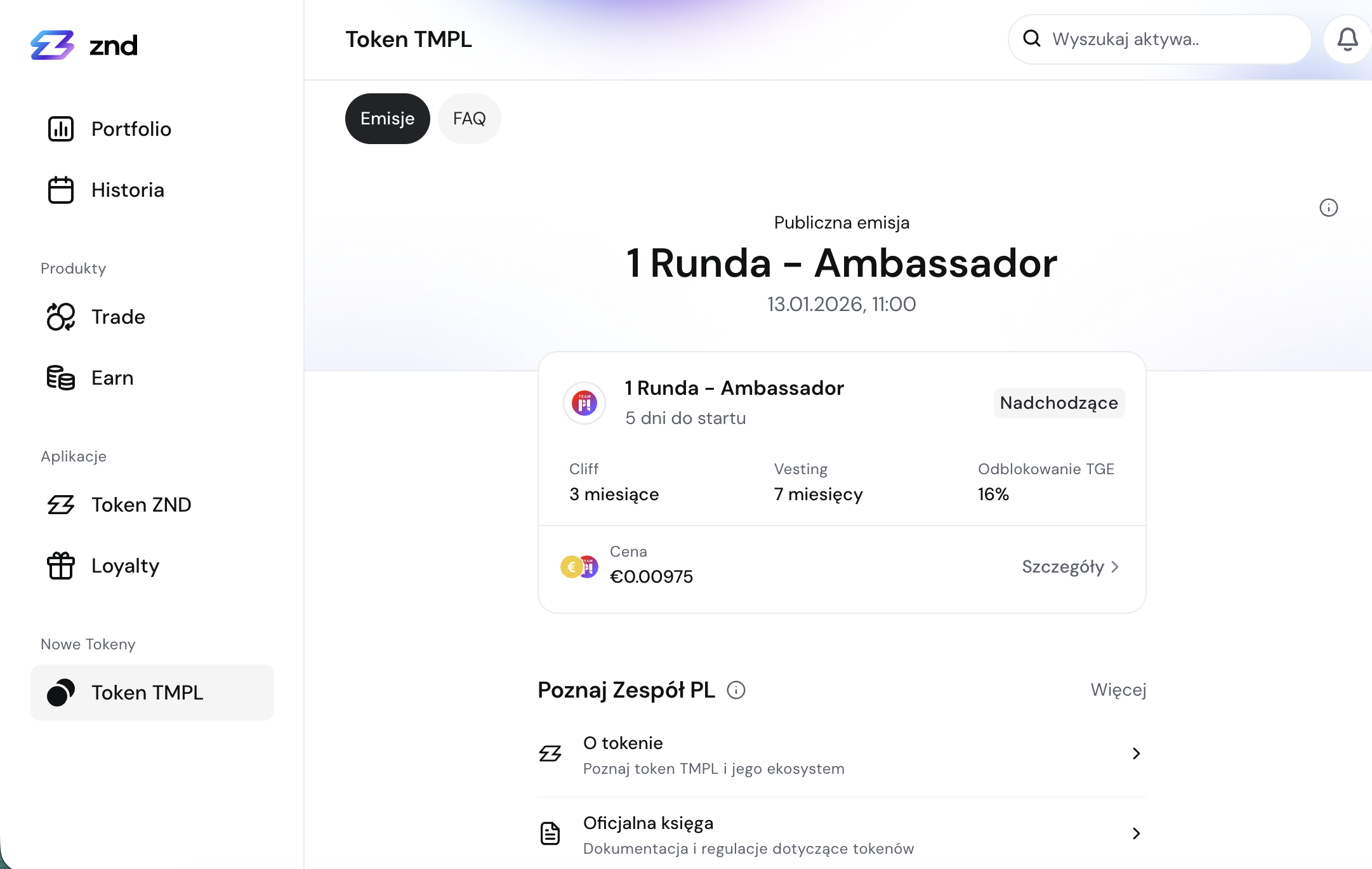 Interfejs platformy znd z zakładką „Token TMPL” i szczegółami „1 Runda – Ambassador”.