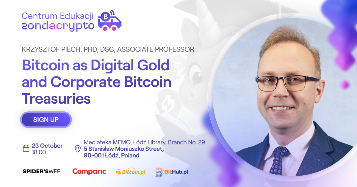 Event poster with Prof. Krzysztof Piech. Title: Bitcoin as Digital Gold and Corporate Bitcoin Treasuries. Date Oct 23, 18:00, Łódź, Sign Up button.